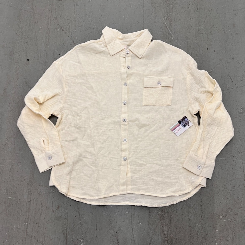 Club Social by Jadelynn Brooke Shirt Women's Medium Beige Textured Button-Up NWT